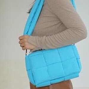 Neiman Marcus Woven Quilted Light Blue Crossbody Purse
